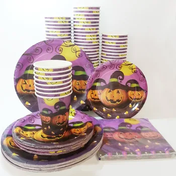 

24/40pcs Pumpkin Halloween Disposable Tableware Sets Plates Paper cups Napkins Spider Paperboard party Birthday supplies