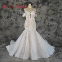 2019 hot sale lace mermaid detachable sleeves Wedding Dress nude satin Bridal gown custom made wedding gown factory directly