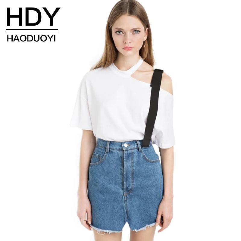 Женская футболка HDY Haoduoyi белая Повседневная обтягивающая с коротким рукавом и