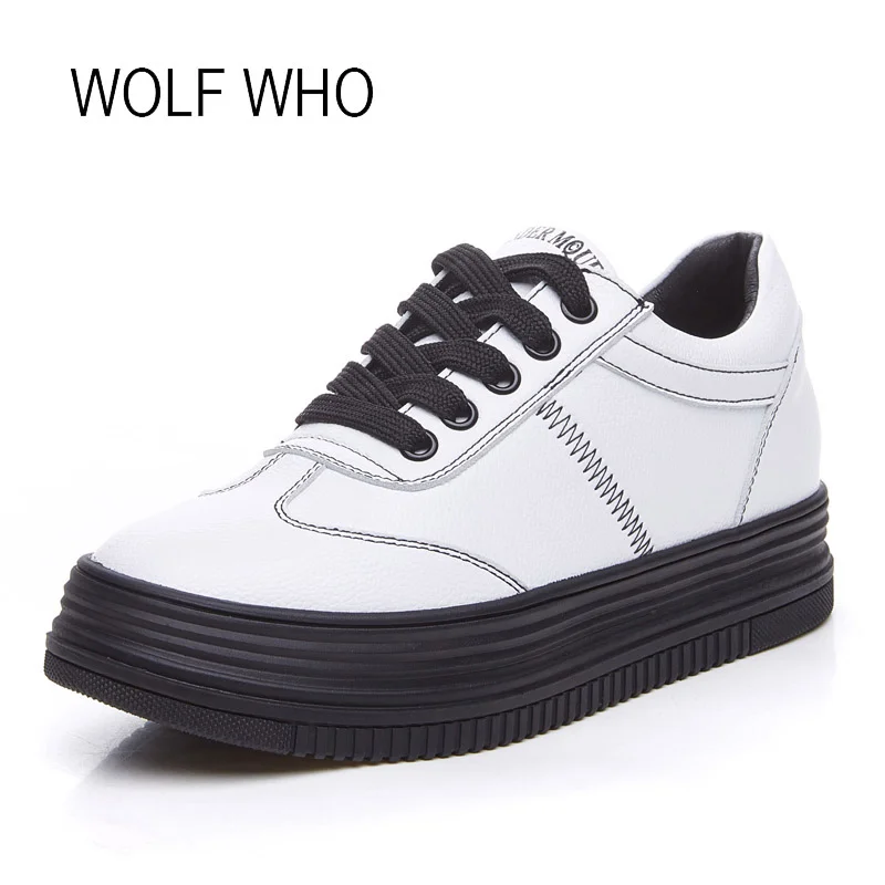 

WOLF WHO 2018 Spring Women Platform Shoes Women Wedge Sneakers Women Platform Sneaker White Leather Fashion Casual Creeper H-179
