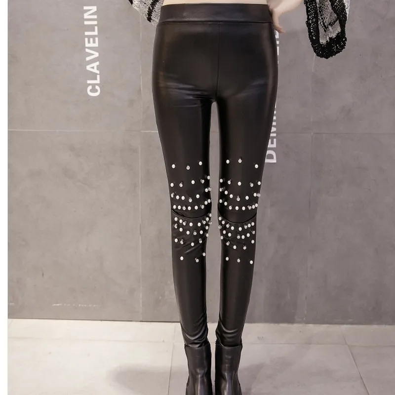KYMAKUTU Beading Pu Leather Pants for Women Black Hosen