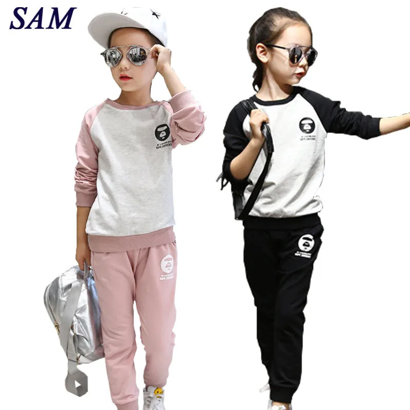 

2018 Autumn New Big Girls Clothing Sets Children's Clothes Cotton Color Stitching Sweater T-shirt+casual Pants Sports 2 pcs suit