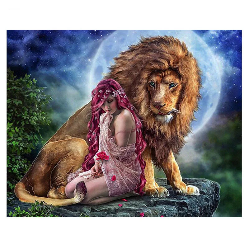 

Full Square round Drill Diy Diamond Embroidery lion and fairy Diamond Painting Kit Picture by number for home decoration ZP-800