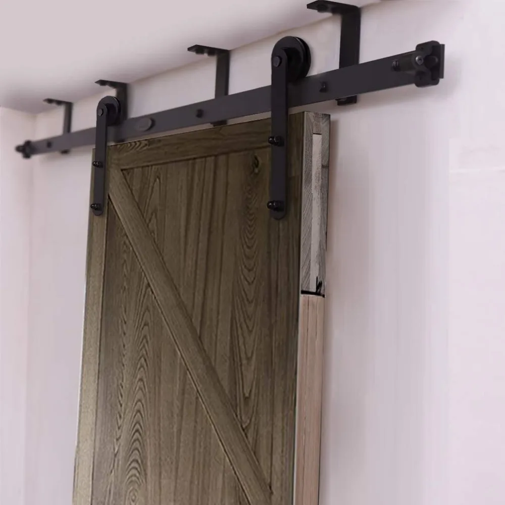 LWZH Ceiling Bracket Mount Sliding Barn Wood Door Hardware Kit 4-20FT Round Shaped Black Rollers for Interior Sliding Barn Door