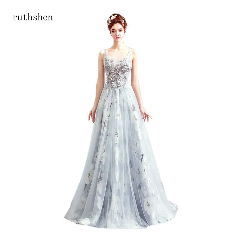 

ruthshen Floral Print Light Grey Prom Dresses Vestido Longo Festa 2018 New Arrival Delicate Beaded Party Gowns Long Prom Dresses