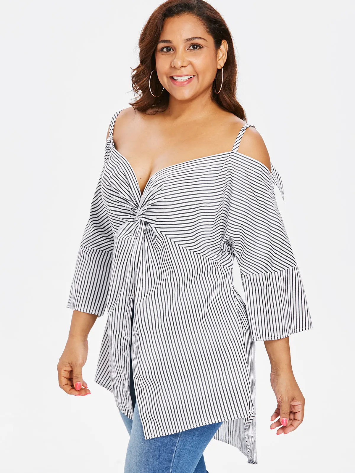 

Wipalo 2018 Autumn High Low Striped Plus Size Spaghetti Strap Blouse Front Knot Cold Shoulder Three Quarter Slit Blouse 5XL