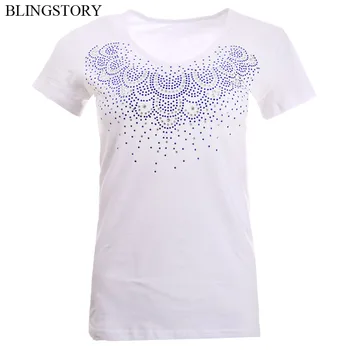 

BLINGSTORY Summer Diamond Crystal Neck Women Tops Tees Plus Size Cotton T Shirt Drop Ship