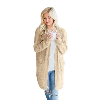 

Women Winter Autumn Fleece Solid Color V-neck Long Sleeves Open Stitch Cardigan Casual Style Jacket Gray FS0607