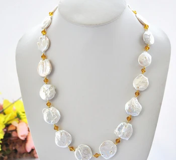 

03214 white baroque coin freshwater pearl faceted citrine necklace