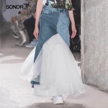 SONDR Весна Джинсовый пеньлин с гофрированный с сеткой сплайсинга юбки Феи для женщин Весна/Лето юбки "рыбий хвост"
