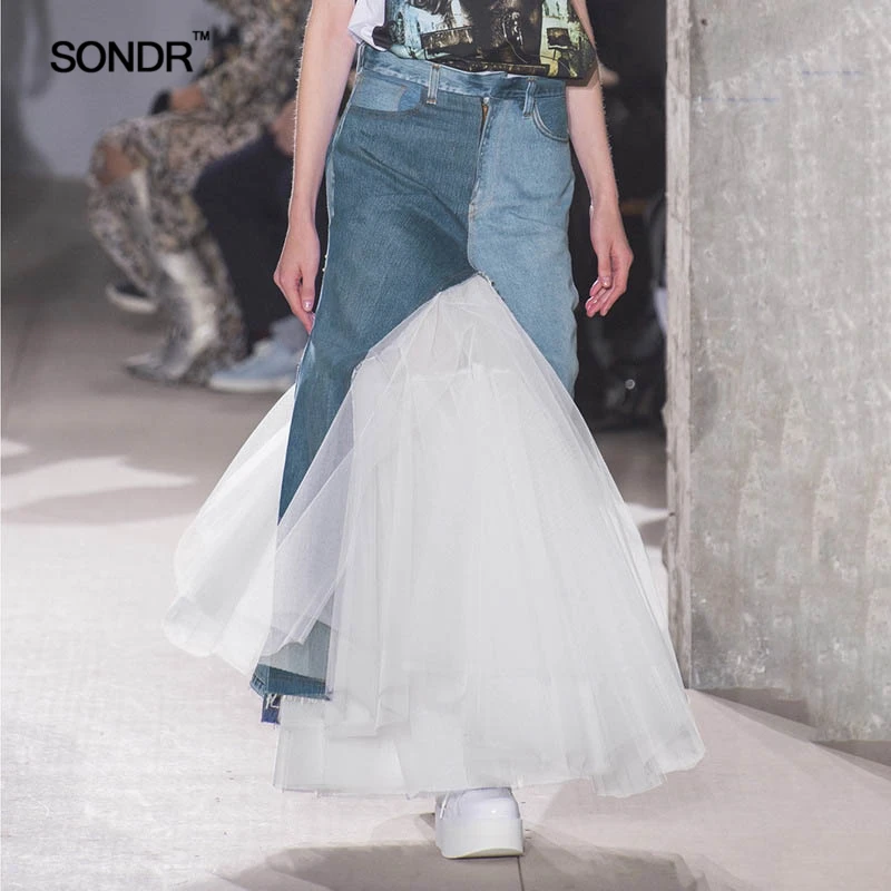 

SONDR Spring 2019 new denim hemlines with pleated mesh splicing fairy skirts for women spring/summer fishtail skirts