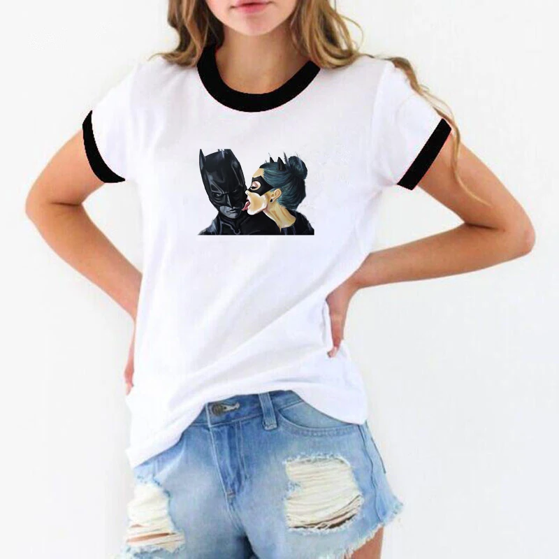 

2019 Summer Woman Tops Batman and Catwoman Kiss T shirt Harajuku Women Fashion Cool tshirt Tees shirt femme white vogue t-shirt