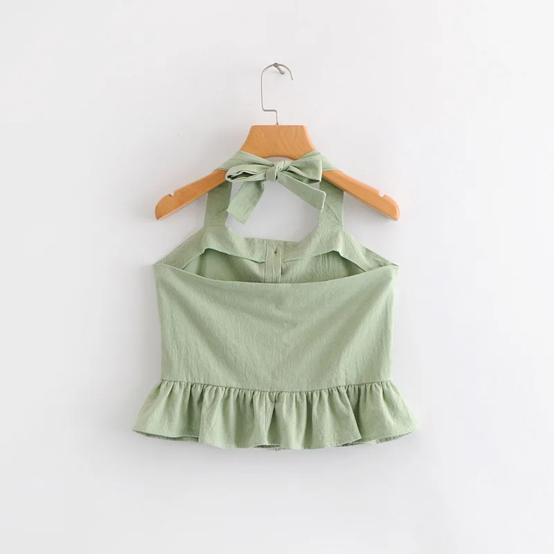 Shemujersky Green Halter Tops Summer Off Shoulder Streetwear Bandage Cropped Sexy Ruffles Women Crop Tops