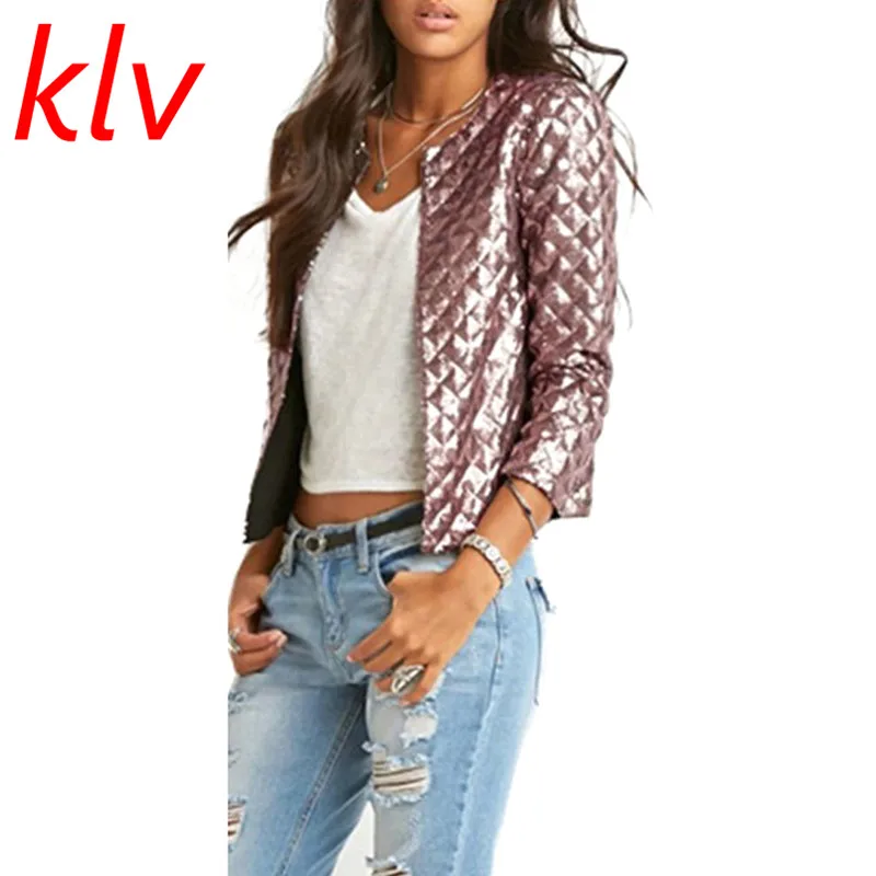 

KLV Fashion Women Autumn Lozenge Sequins Slim Bomber Jacket Vintage Zip Up Biker Stylish Padded Solid O-Neck Coat Top Blouse