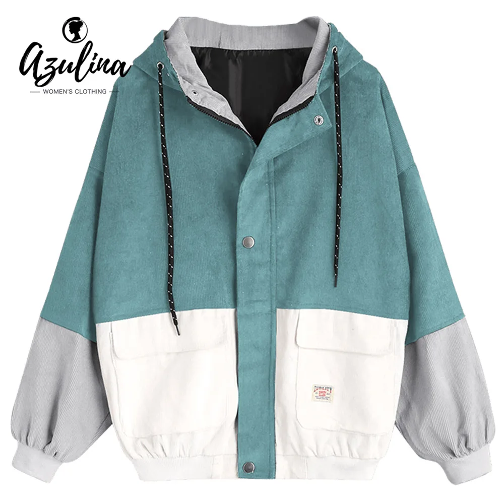AZULINA Corduroy Jacket Hooded Pachwork Long Sleeve Autumn Basic Jackets Female Coat Zip Up Snap Button Windbreaker Jacket Women Coats