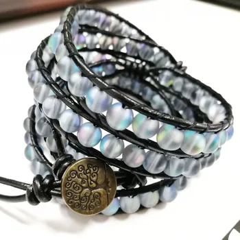 

Yuteng 5 Row Natural Stone Handmade Leather Wrap Bracelet Genuine Leather 6mm Frosted Moonstone Bracelet Unisex 7