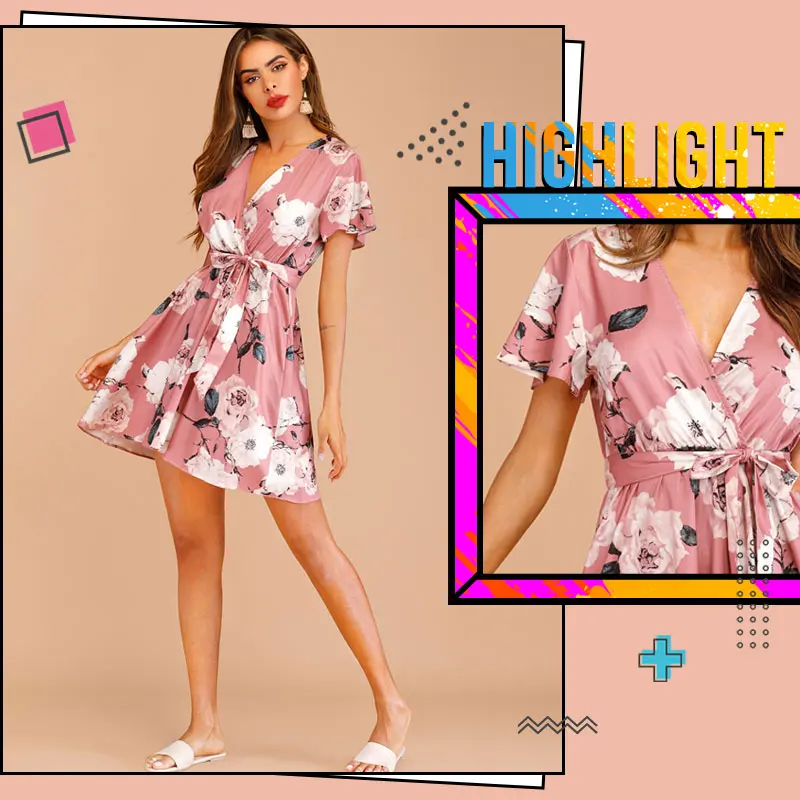 ROMWE/розовое летнее платье с цветочным принтом и поясом, женское платье в стиле бохо, короткий рукав, v-образный вырез, высокая талия, короткие платья трапециевидной формы