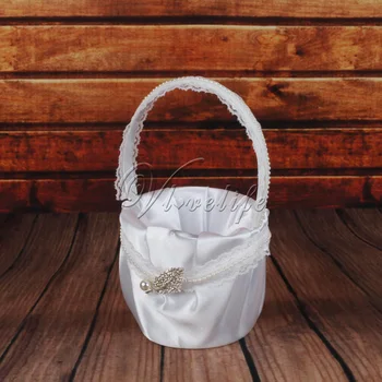 

White Wedding Flowers Girl Basket with Satin Ribbons Bow Rinestone Pearl Party Favors Decor Products Wholesales