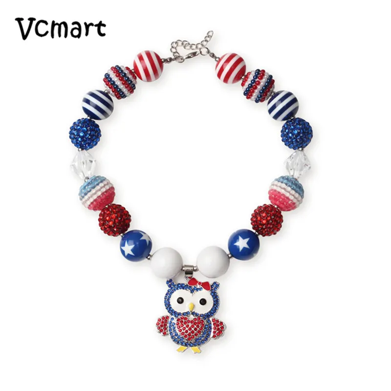 

4th of July Patriotic Owl Chunky Bubblegum Necklace 2Pc Cute Blue Owl Pendant Necklaces Striped Gumball Beaded Jewelry for Kids
