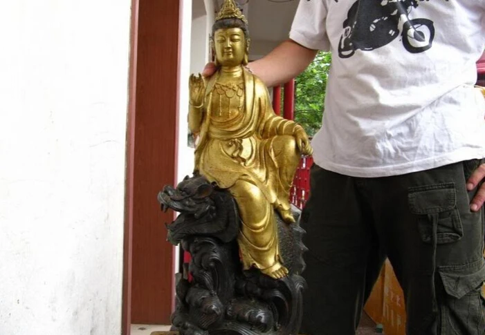 

Collectible bronze S2509 28" Chinese Large Bronze Copper Gild Bodhisattva Ride on Dragon fish Statue