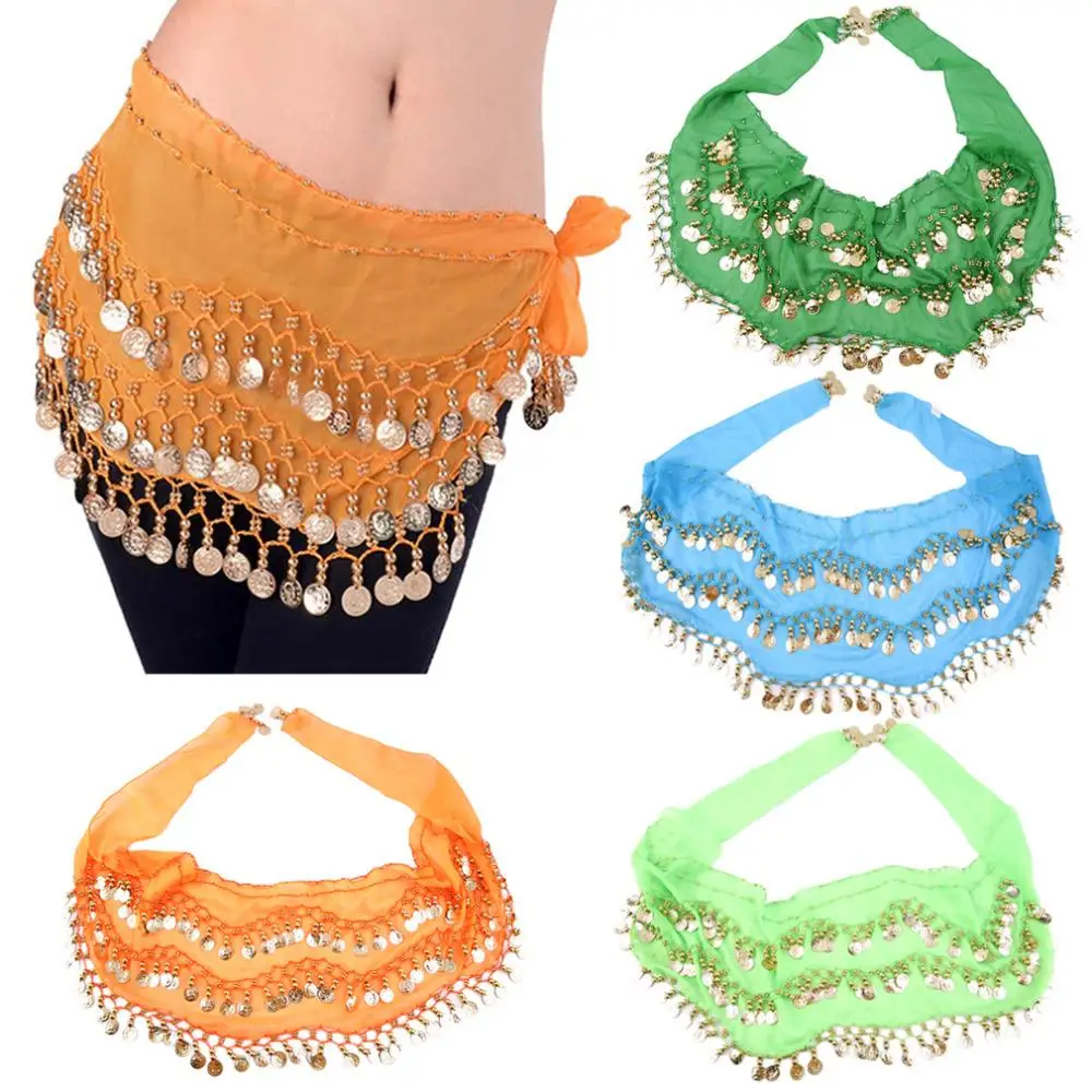 

3 Rows 128 Gold Coins Colorful Belly Dance Costume Hip Scarf Skirt Belt Wrap Waist tassel Chain 150*20cm dance accessories