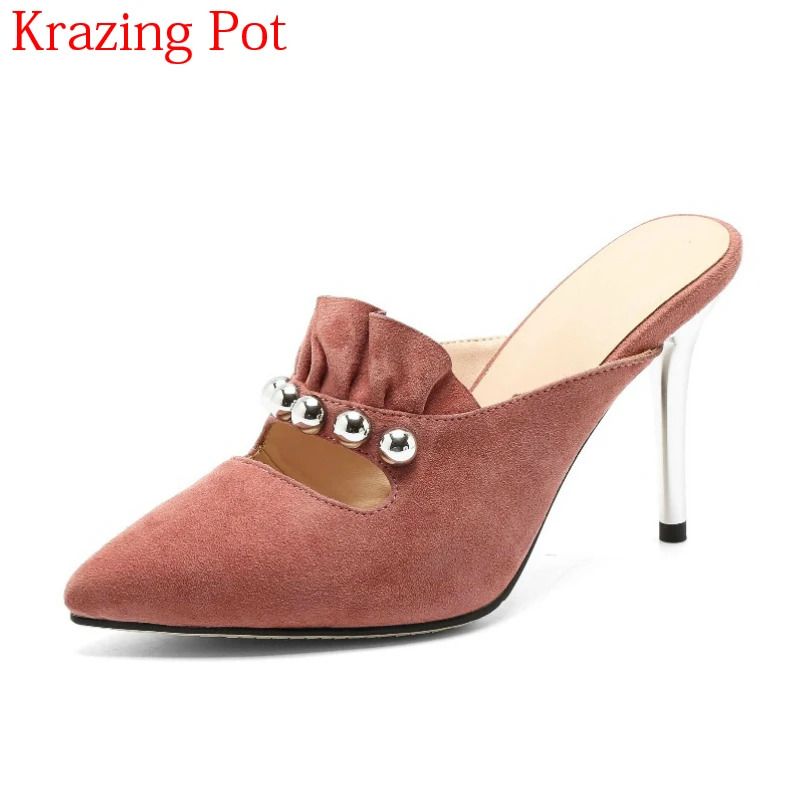 

Fashion Sheep Suede Slingback Mature Slip on Pointed Toe Concise Super High Heels Brand Mules Pearl Office Lady Women Pumps L33