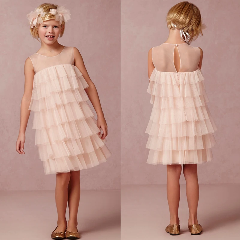 Light Pink Tulle Tiered Flower Girl Dresses pageant Bridal Party
