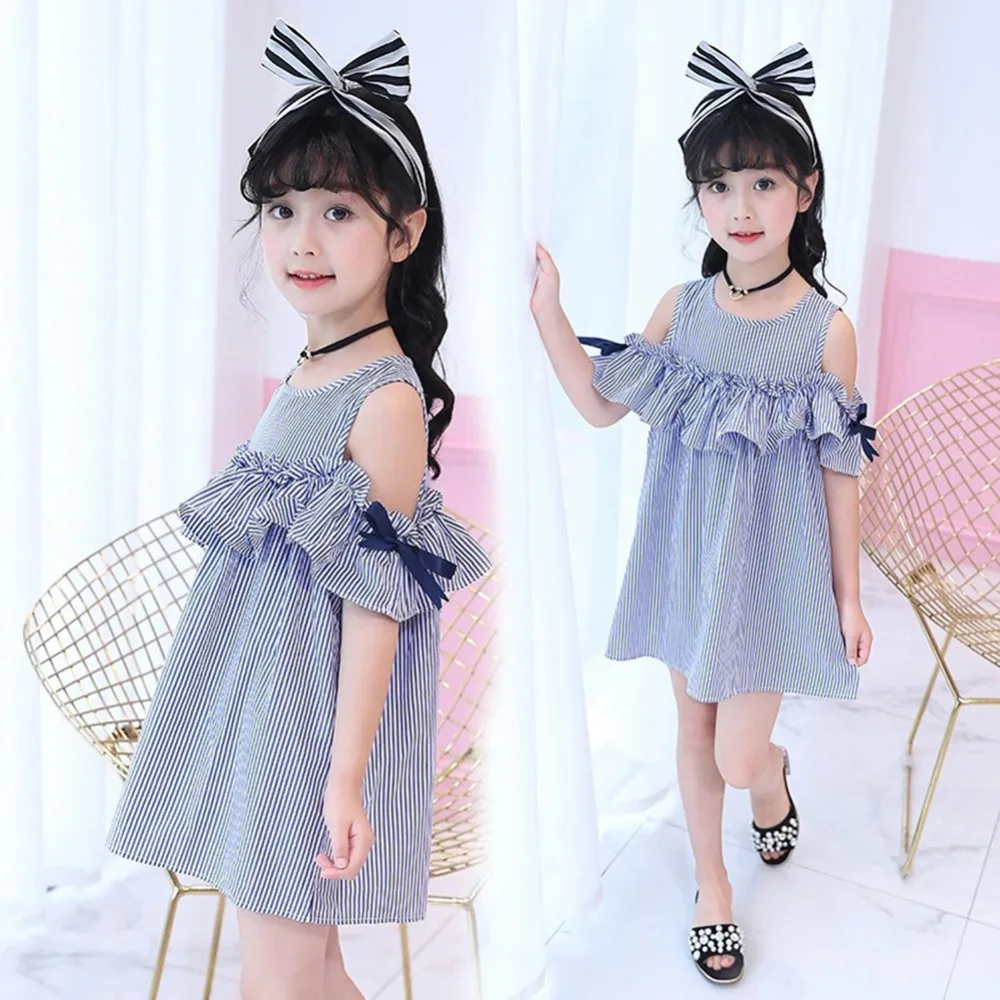 

1-7 Years Girl Dress Summer Kids Flying Sleeve Dresses Children Stripe Princess Dress Clothes Baby Girl Headband+Dress 2Pcs Set