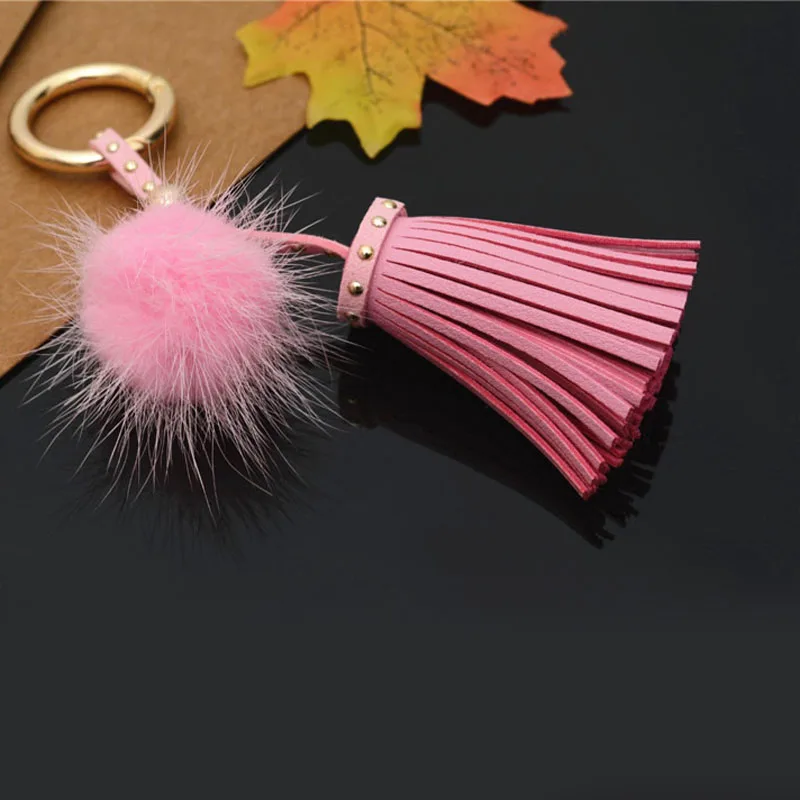 Felyskep корейский стиль из искусственной кожи брелоки в виде кисточки с норковым мехом мяч для женщин Сумка или автомобиль подвесные брелоки ювелирные изделия 234WA - Цвет: pink