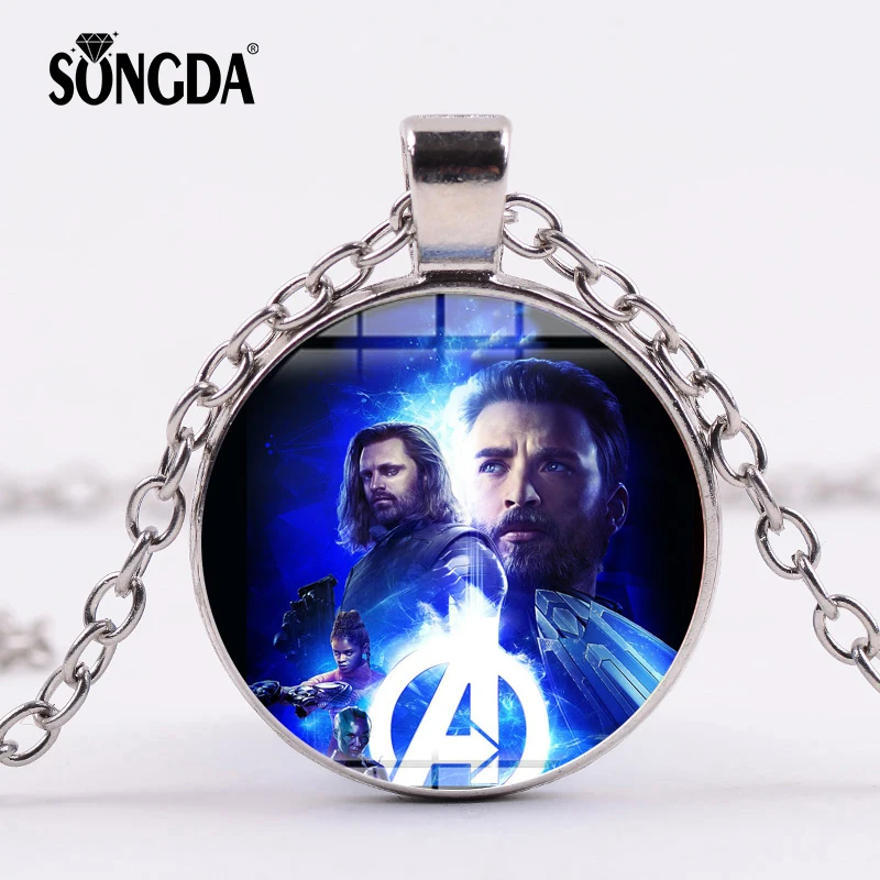 

SONGDA Superhero Iron Man Thor Figure Avengers Necklace "A" Logo Glass Cabochon Pendant Boy Girl Marvel Toys Long Necklace Gift