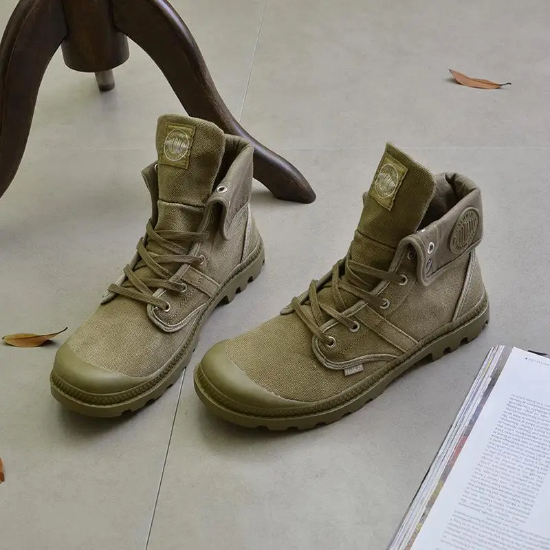 Мужская парусиновая повседневная обувь с высоким берцем; дышащая мужская обувь в стиле пэчворк; zapatos hombre; мужская обувь на плоской подошве со шнуровкой; военные ботильоны на плоской подошве - Цвет: Army Green
