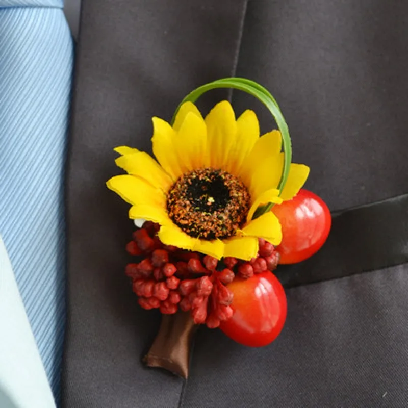 

Wedding Flowers Groom Boutonniere Best Man Groomsman Pin Brooch Party Corsage Simulation Sunflower Artificial Decoration
