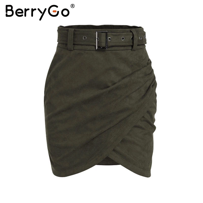 BerryGo, замшевая кожаная юбка с высокой талией, Женская осенне-зимняя Асимметричная облегающая мини-юбка, сексуальная уличная Женская юбка - Цвет: Армейский зеленый