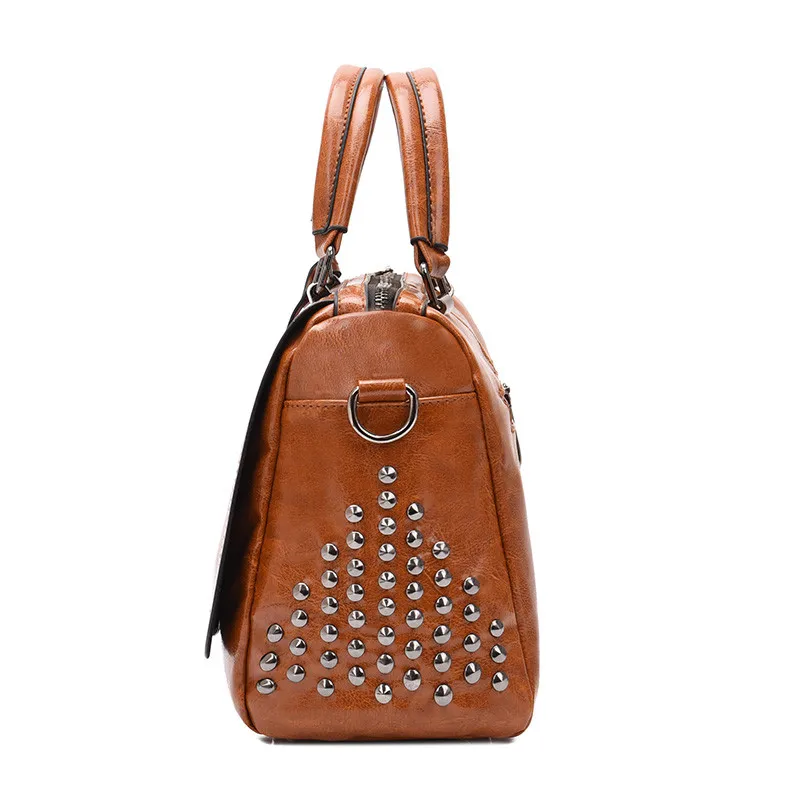 Винтажная женская сумка с короткими ручками, кожаная сумка с заклепками, сумка-шоппер для дам, роскошная женская сумка через плечо, бостонские сумки