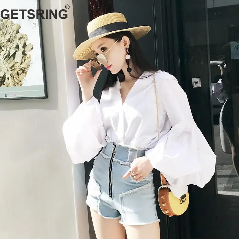 

GETSRING Women Blouses Summer Tops 2018 Autumn V Neck Lantern Sleeve Cotton White Shirt Ladies Loose Sunscreen Shirts Top White