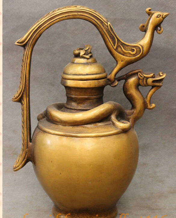 

Chinese Bronze Dynasty Palace Auspicious Dragon Phoenix Statue Teapot Wine Pot