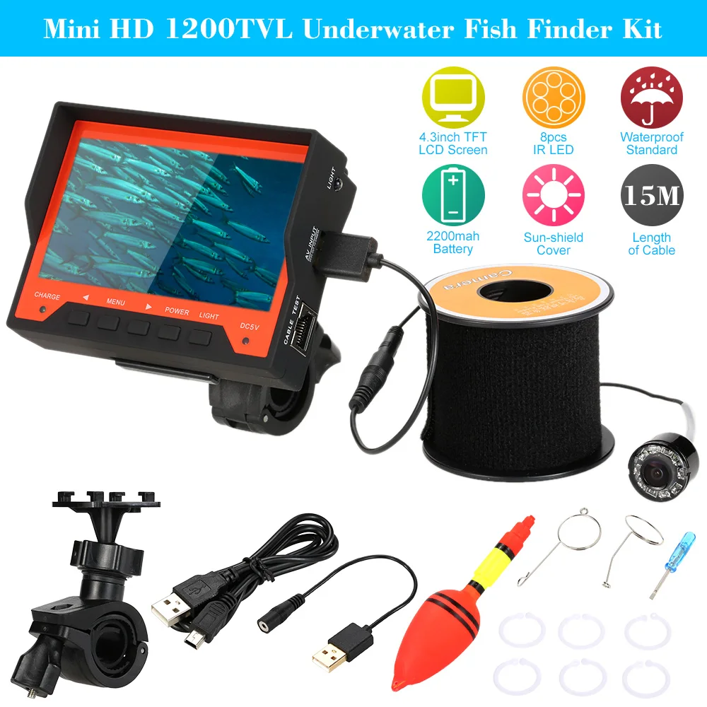  15M 1200TVL Mini HD Fish Finder Underwater Fishing 4.3" LCD Video Camera Monitor Waterproof Infrared Night View Plug And Play 