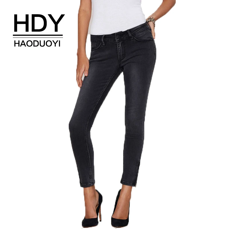Kopen HDY Haoduoyi Effen Zwarte Vrouwen Casual Jeans Lage Taille Knoppen Fashion Slim Bodycon Vrouwelijke Basic Broek Rits Pocket Lady Broek