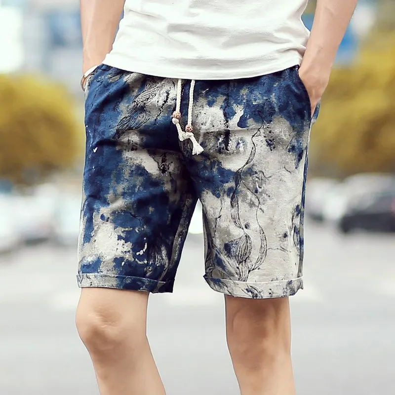  100% Cotton Summer Mens Fashion Boutique Printed Linen Cotton Casual Beach Shorts Mens Breathable C