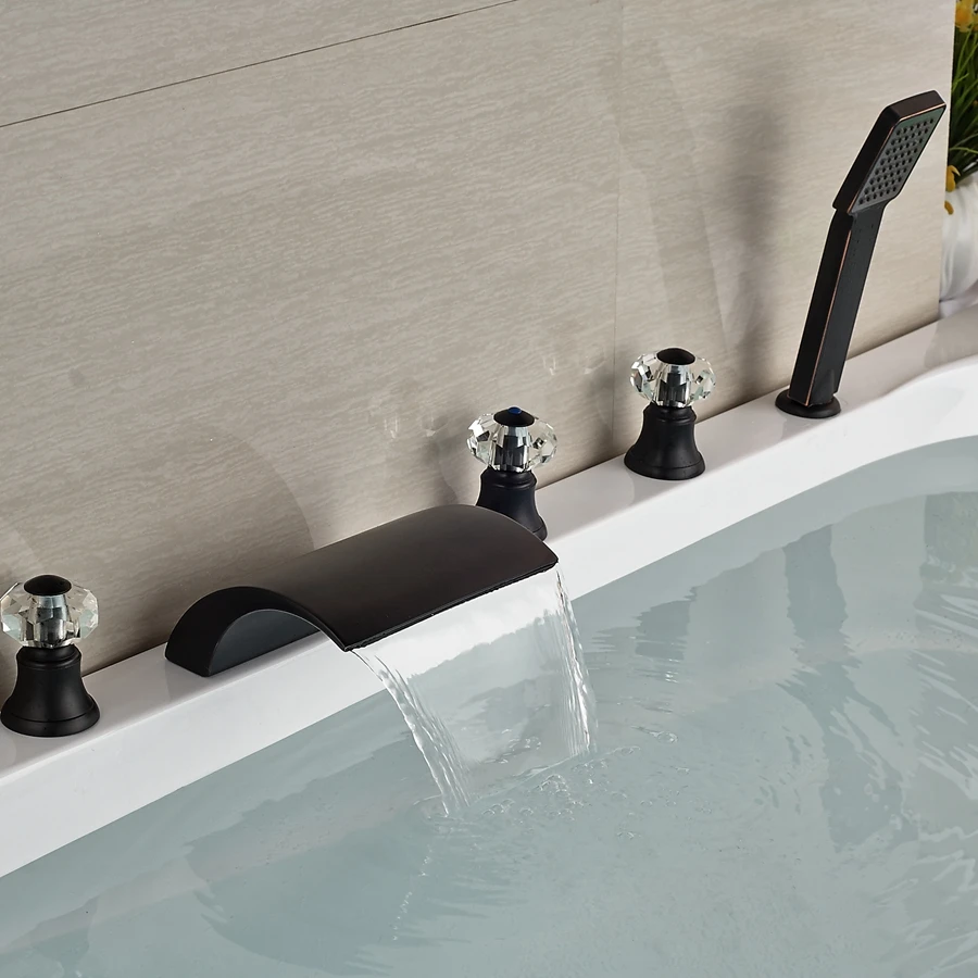 

Wholesale And Retail Deck Mounted Roman Waterfall Spout Tub Faucet Oil Rubbed Bronze W/ Hand Shower Sprayer Hot Cold Mixer Tap