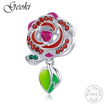 

Geoki 925 Sterling Silver Red CZ Rose Charms fit Original Pandora Bracelet Romantic Flower Leaf Beads Necklace Pendant Jewelry