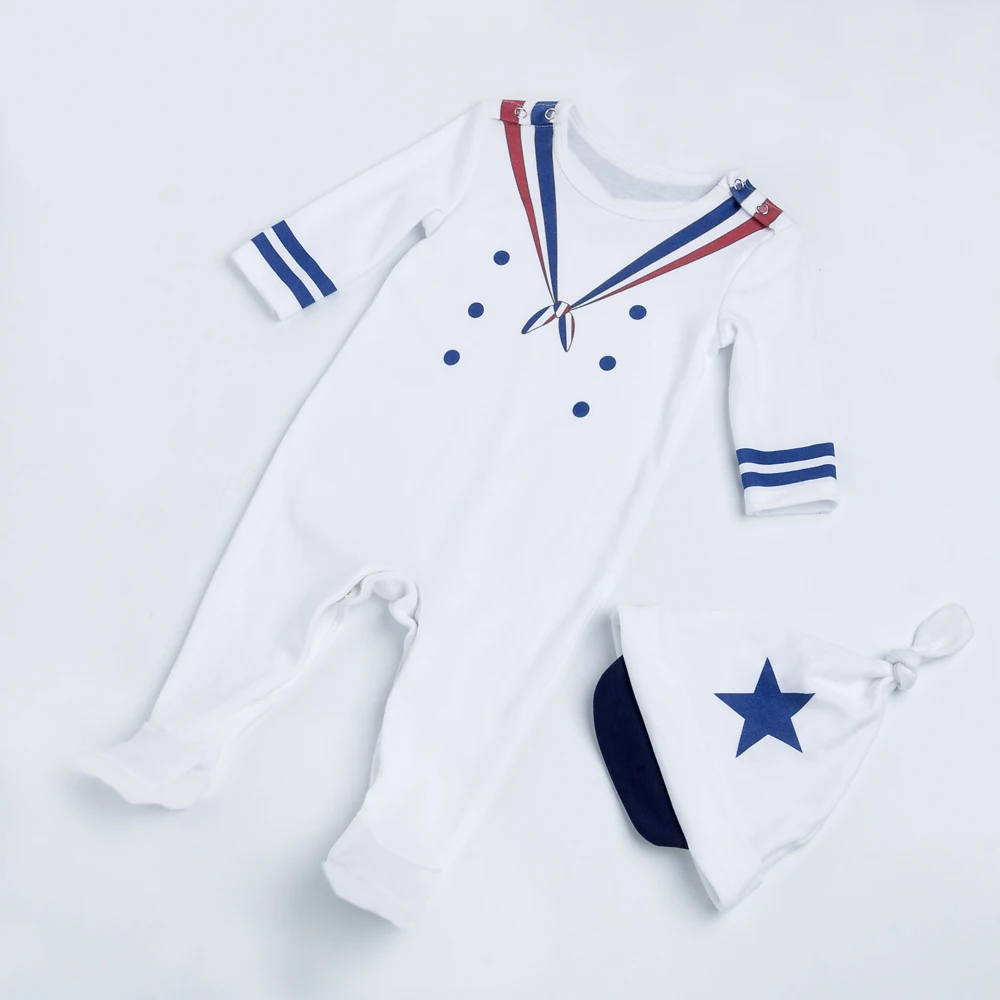 

Navy Style Spring Bodysuit with Hat O-collar Cotton White Boy Baby Jumpsuit Fashion YK&Loving Baby Clothes Cute Birthday Gift