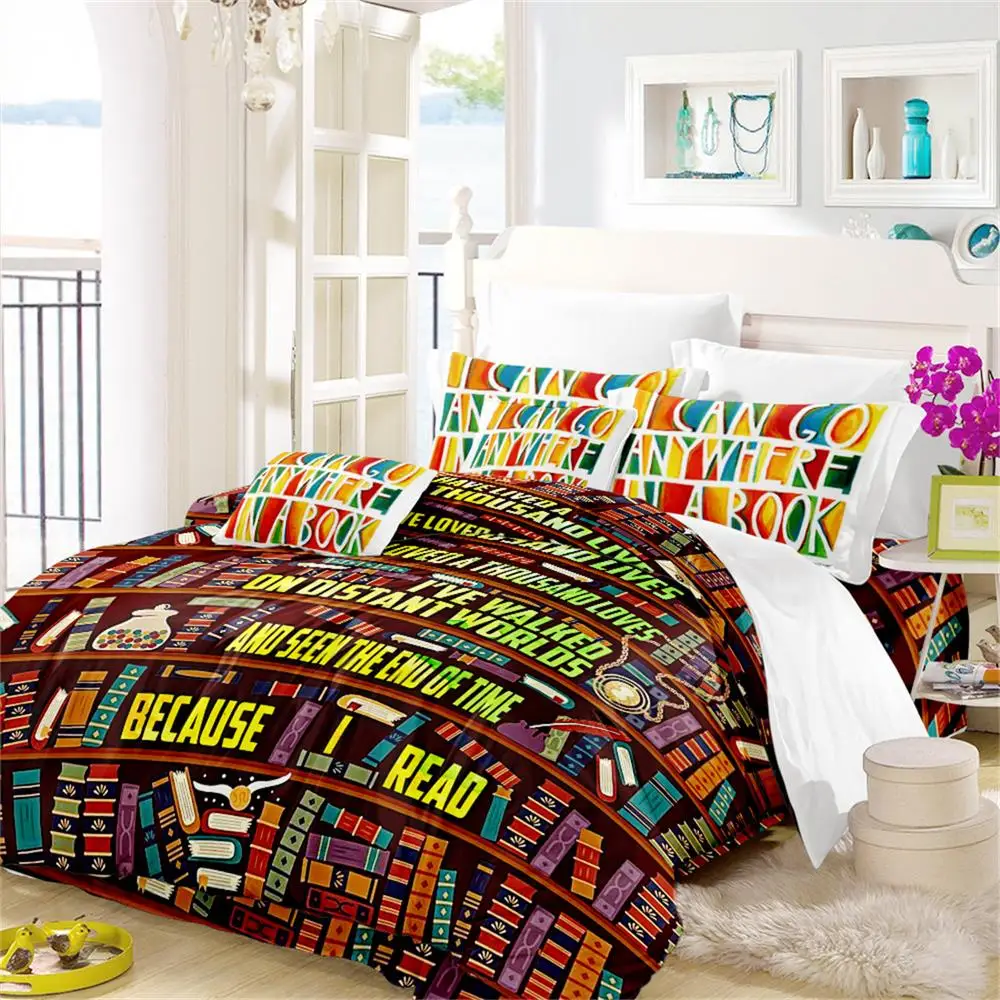 Colorful Bookshelf Print Bedding Set Books Letter Printed Duvet