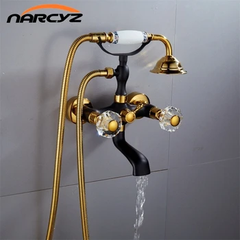 

New Luxury Black/Gold Brass Bathroom Faucet Bath Faucet Mixer Tap Wall Mounted Hand Held Shower Head Kit Shower Faucet Set XT369