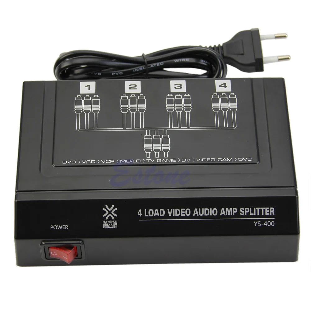 

New 4 Way 1 In 4 Out 3 RCA Video Audio AMP Amplifier Splitter HDTV DVD VCD 4 Ports