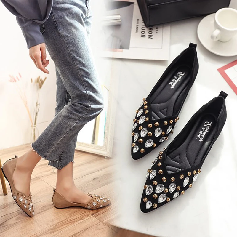 

Rhinestone Ballet flats footwear new women rivet pointed espadrilles cut out loafers pregnant comfy walk crystal moccasins femme