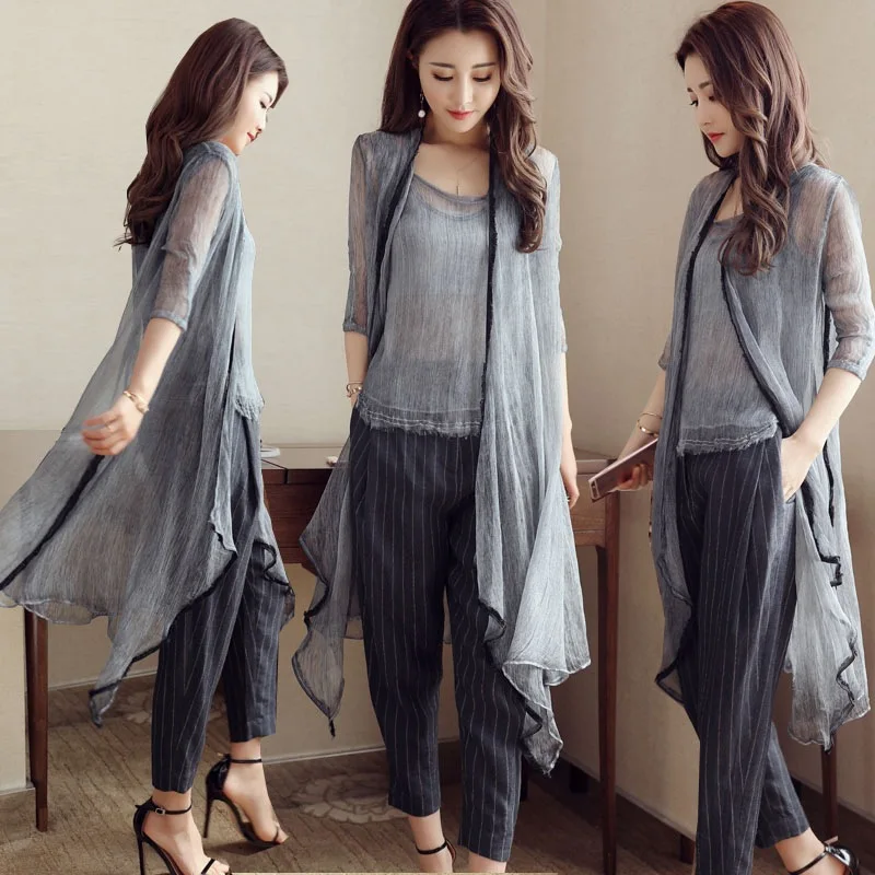 Fashion Elegant Three Piece Suit Women Summer Outfits 2019 New Arrival Chiffon Coat + Vest + Striped Trousers Sets Woman Fashion Elegant Three Piece Suit Women Summer Outfits 2019 New Arrival Chiffon Coat + Vest + Striped Trousers Sets Woman