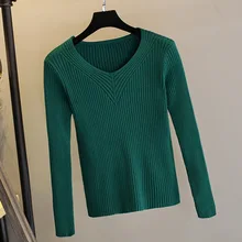 Толстый теплый вязаный женский свитер в рубчик, осенний зимний сексуальный пуловер, свитер, топ, высокая эластичность, v-образный вырез, мягкий женский джемпер