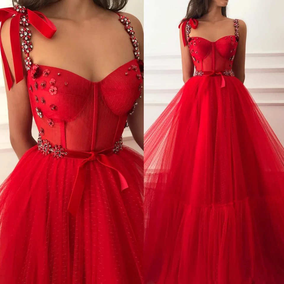 Принцесса Красные кристаллы Дешевые Длинные Выпускные платья трапециевидной формы Тюль Арабский Африканский девушка Пышное вечернее платье Abendkleider