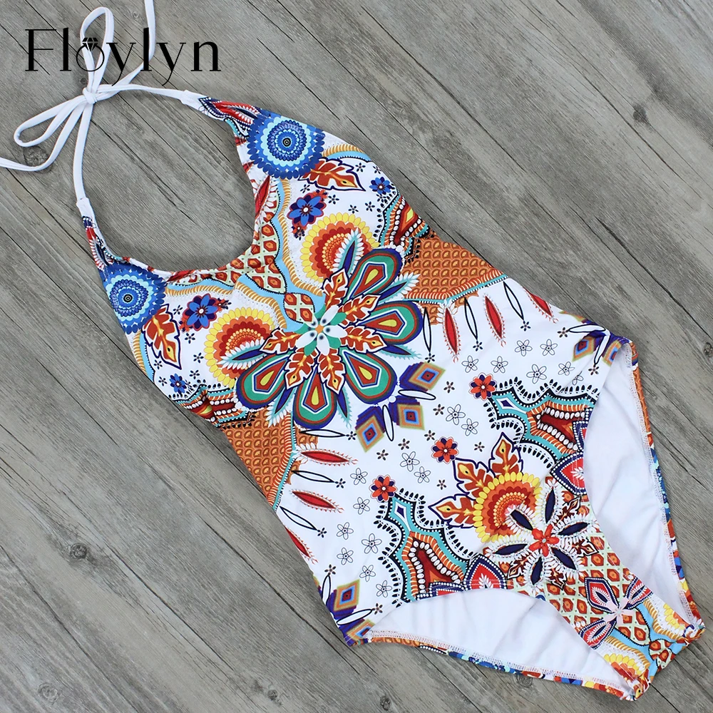 Floylyn винтажный принт сексуальный бандажный цельный купальник высокого качества